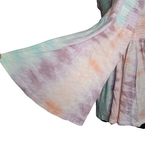 Torrid Size 0 L 12 Top Baby Doll Off Shoulder Tie Dye Smocked Bell Sleeves Knit - Picture 6 of 10